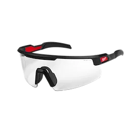 Wrap Around Safety Glasses with Clear Anti-Scratch Lenses feature a black and red frame with a comfortable nose pad. Designed for eye protection, these glasses provide a clear view while preventing scratches on the lenses. Ideal for use in construction and industrial settings.