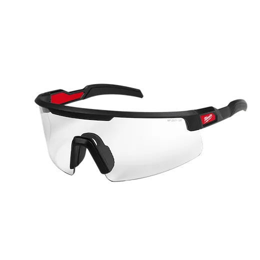 Wrap Around Safety Glasses with Clear Anti-Scratch Lenses feature a black and red frame with a comfortable nose pad. Designed for eye protection, these glasses provide a clear view while preventing scratches on the lenses. Ideal for use in construction and industrial settings.