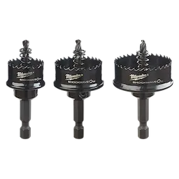 Thin Wall Hole Saw 3 PC set includes three black carbide-tipped hole saws with hex-shaped shanks and varying diameters.