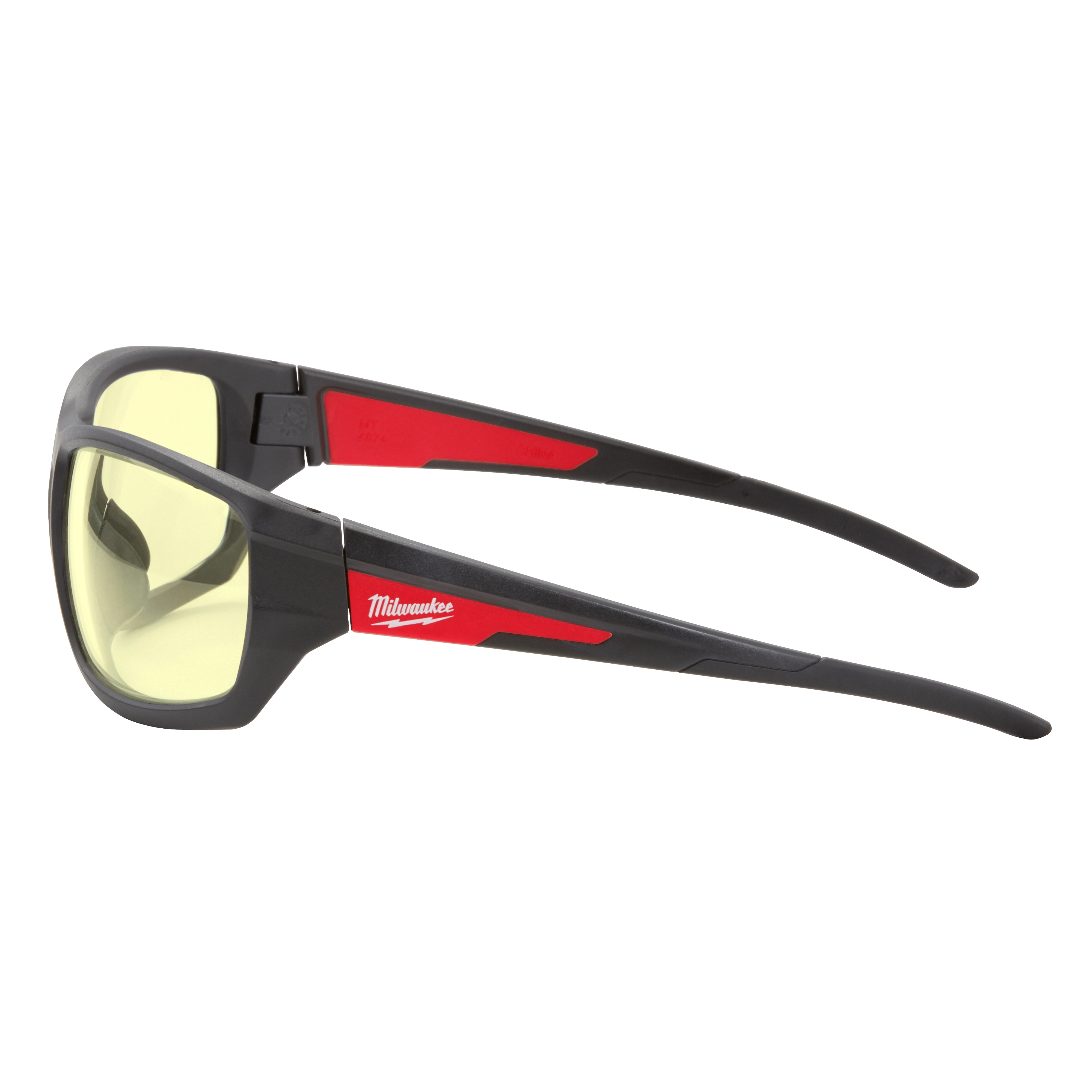 Performance Safety Glasses with yellow fog-free lenses, featuring a black frame with red accents and the Milwaukee logo on the side.