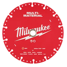 A red 7" Multi-Material Diamond Blade by Milwaukee. The blade is designed for cutting various materials such as brick, block, metal, laminate, fiber cement, plastic, wood, ductile, and tile. It is labeled for dry use with an arbor size of 7/8" to 5/8".