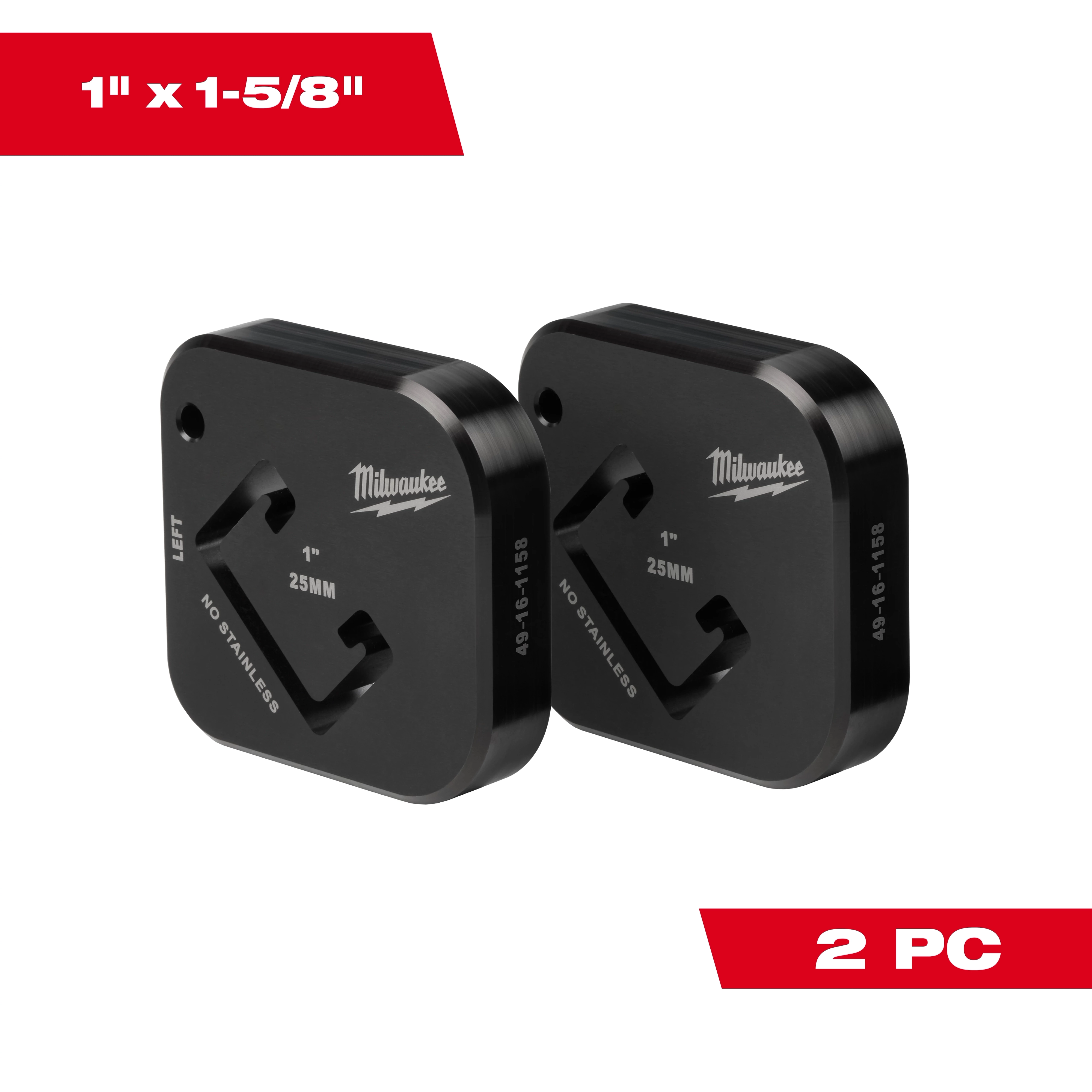 Two black Milwaukee 1" x 1-5/8" metal dies, labeled "25MM" and "NO STAINLESS," with