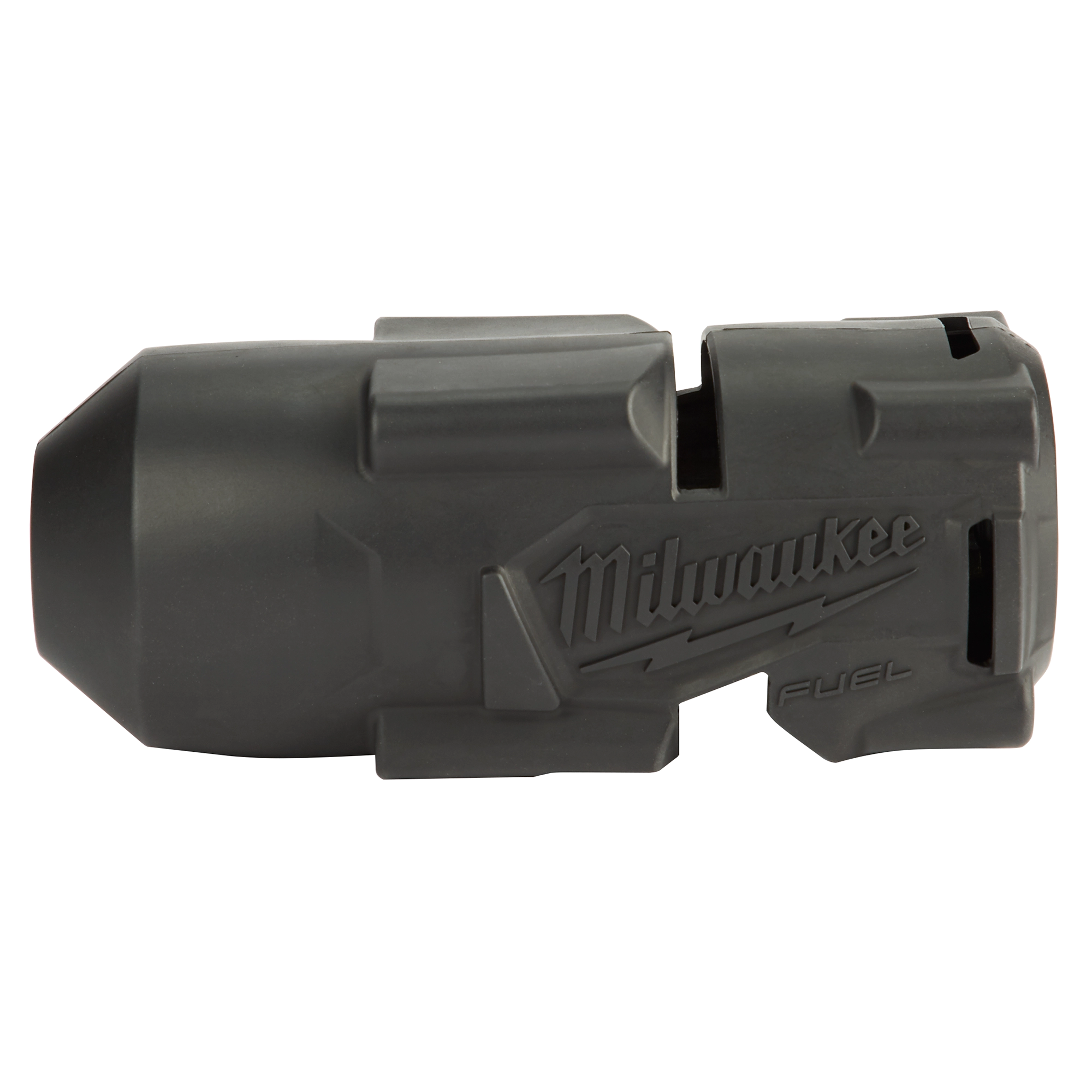 The image shows an M18 FUEL HTIW Protective Boot. It is a black, rubberized cover designed to shield the tool from damage. The boot features the Milwaukee logo and the word "FUEL" embossed on the side.