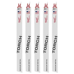 12" 14 TPI The Torch™ SAWZALL® Blades (5 Pk) are designed for cutting medium metal. The white blade features the Torch™ branding in gray and the manufacturer's logo in red, with an American flag graphic on the side.