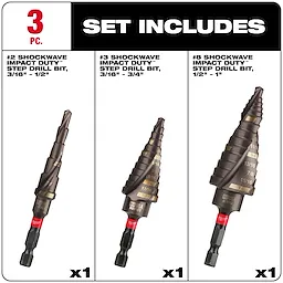 The 48-89-9256 SHOCKWAVE Impact Duty Step Bit Set Includes three pieces: #2 step drill bit (3/16" - 1/2"), #3 step drill bit (3/16" - 3/4"), and #8 step drill bit (1/2" - 1"). Each bit has a hex shank and graduated sizes.