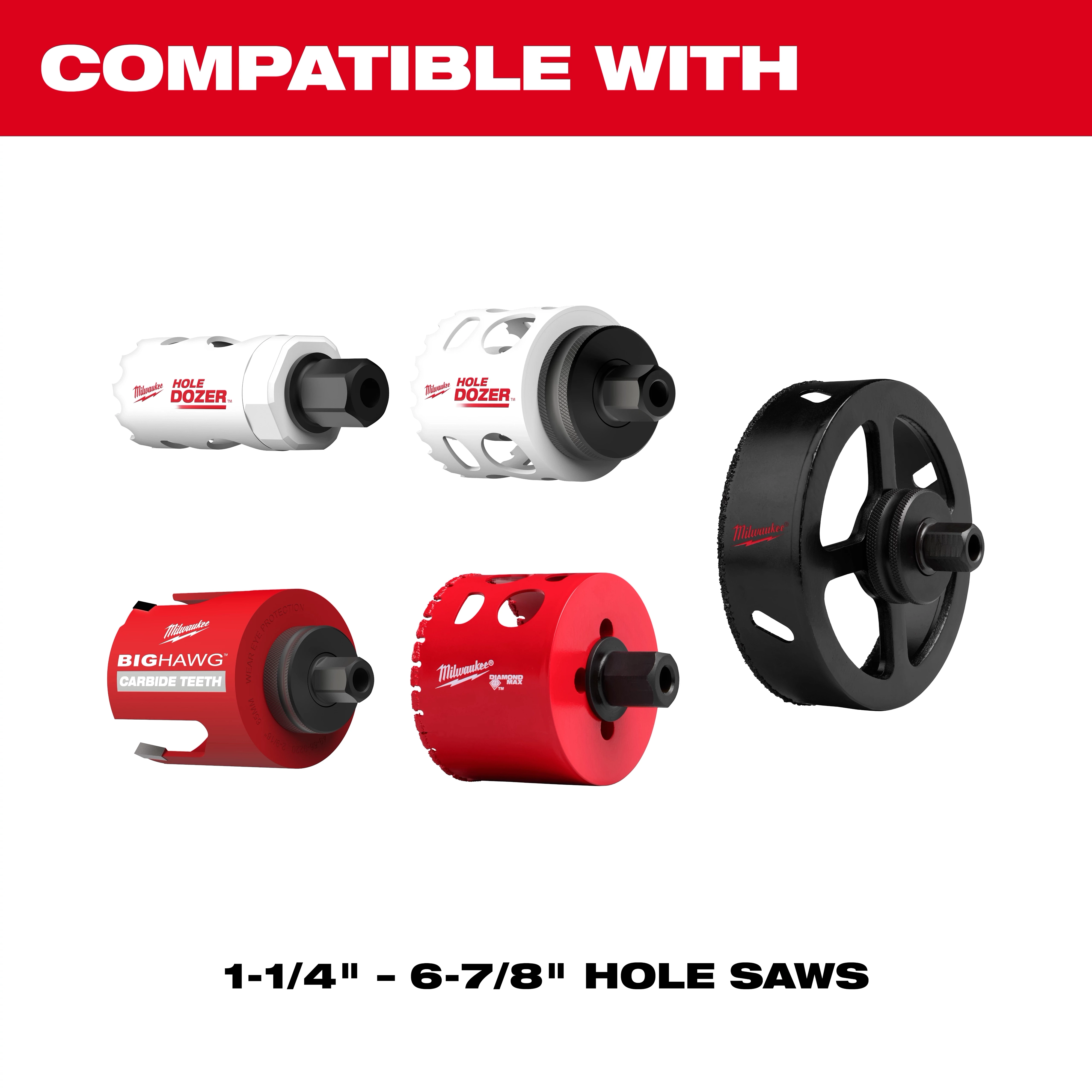 Milwaukee hole saw adapters are shown in various sizes and designs. They are compatible with hole saws ranging from 1-1/4 inches to 6-7/8 inches.