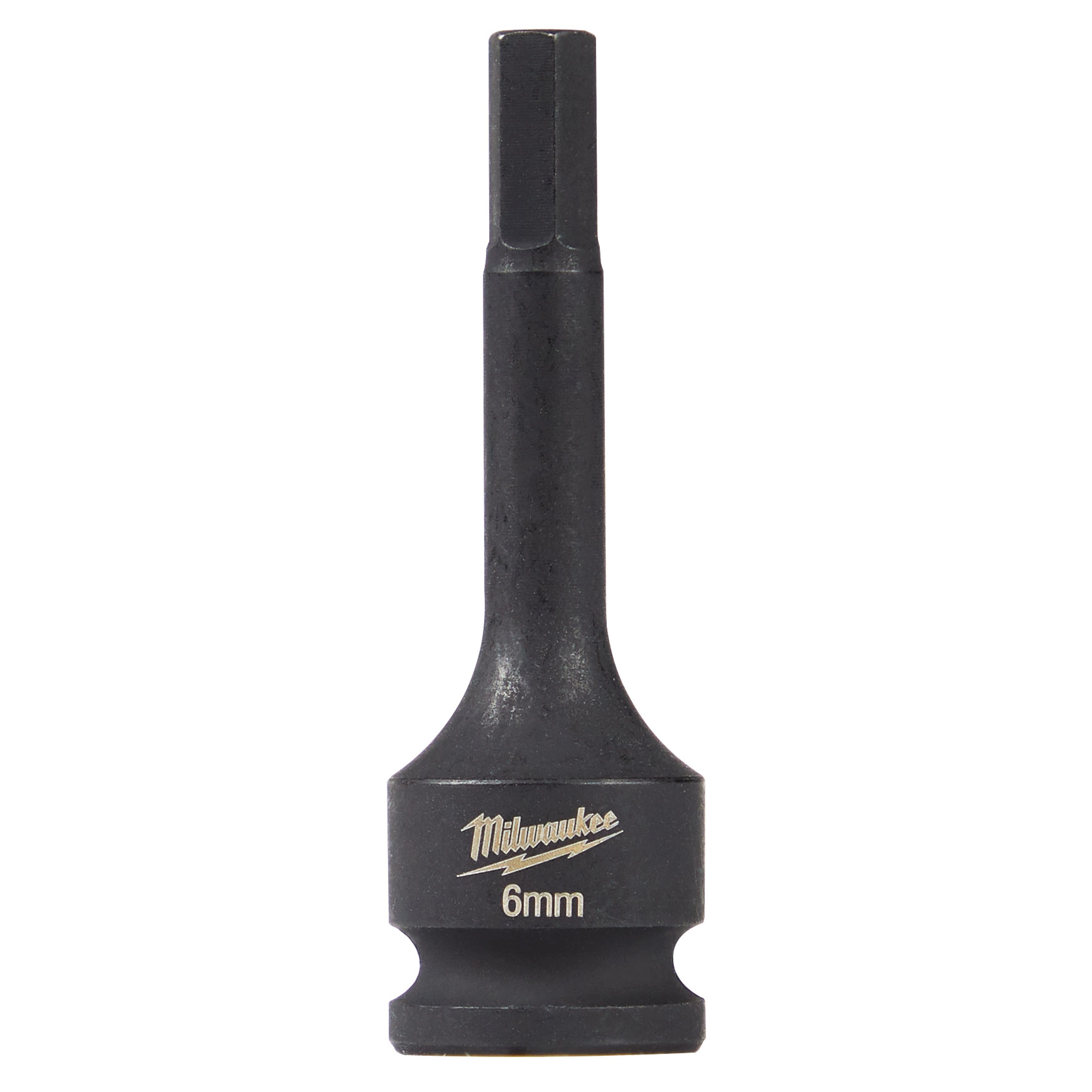 The Shockwave Lineman's 3/8" Drive - 6mm Hex Bit Socket is a black, durable tool with a 6mm hex bit end, designed for heavy-duty use. It features the brand's name and size marking on the side.