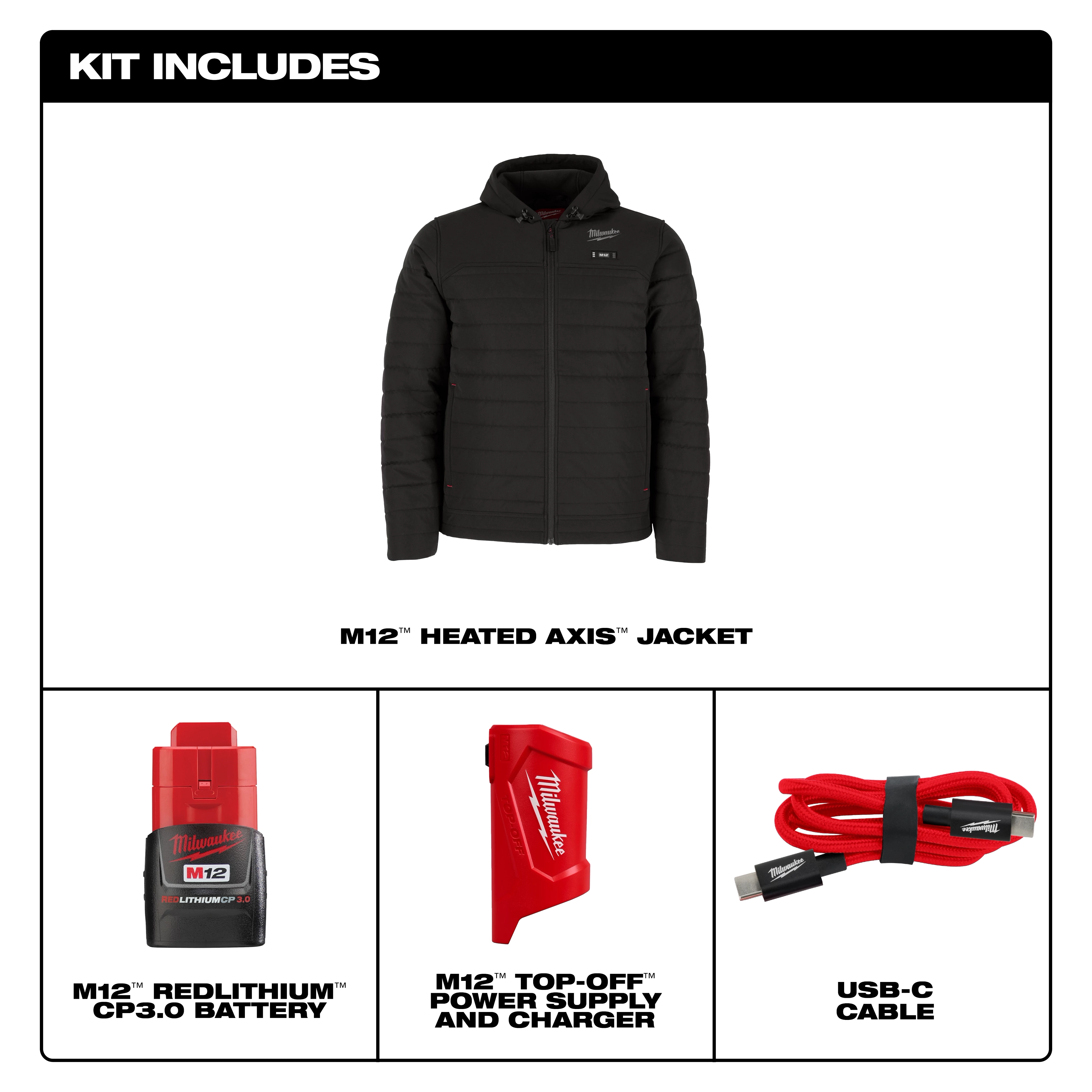 M12 Heated AXIS Jacket, M12 Redlithium CP3.0 battery, M12 top-off power supply and charger, and USB-C cable.