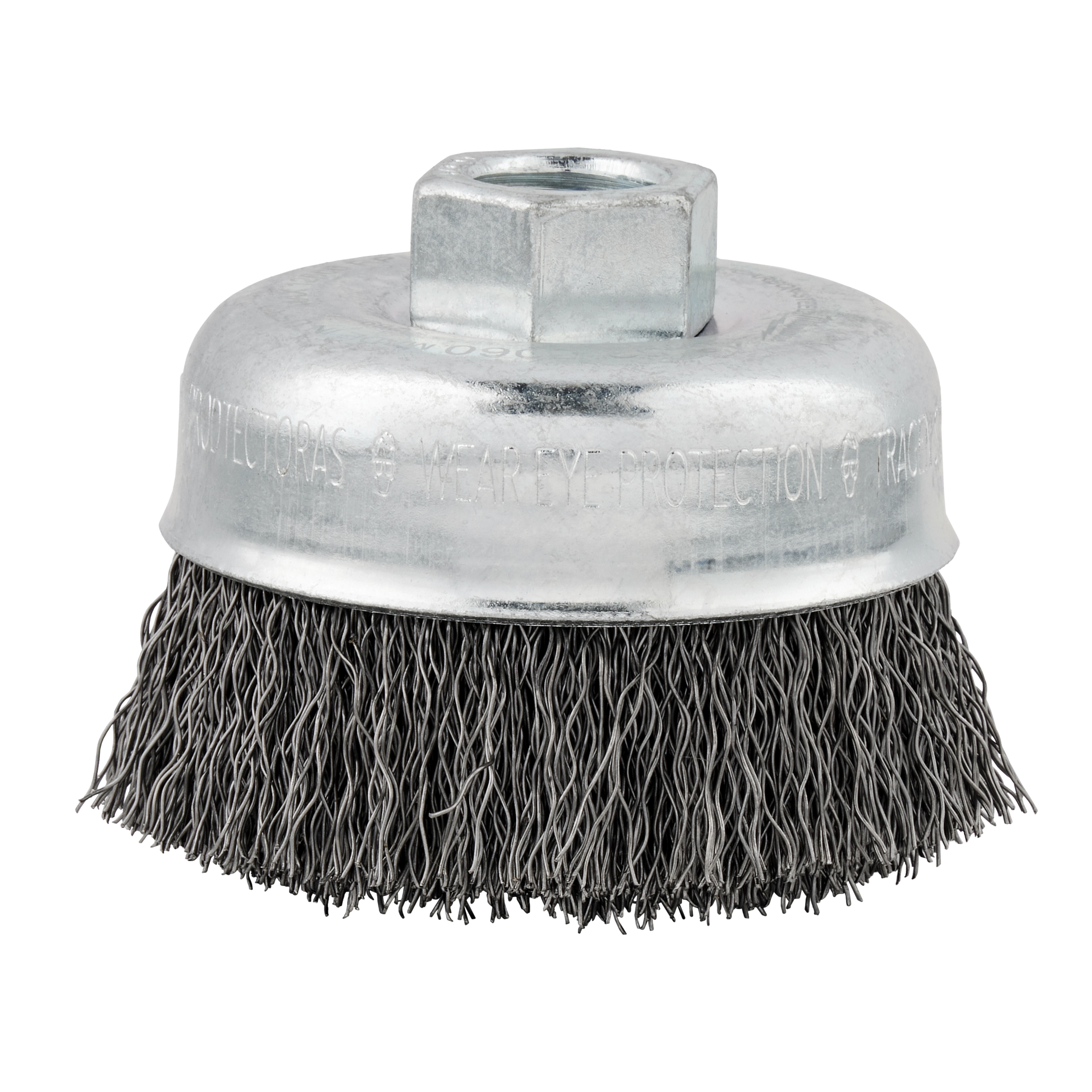 3-inch crimped wire cup brush made of carbon steel, with threaded attachment point on top and dense, curly wire bristles below.
