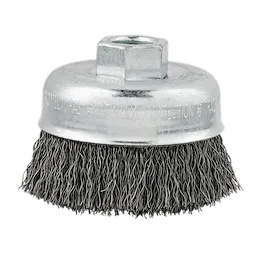 3-inch crimped wire cup brush made of carbon steel, with threaded attachment point on top and dense, curly wire bristles below.