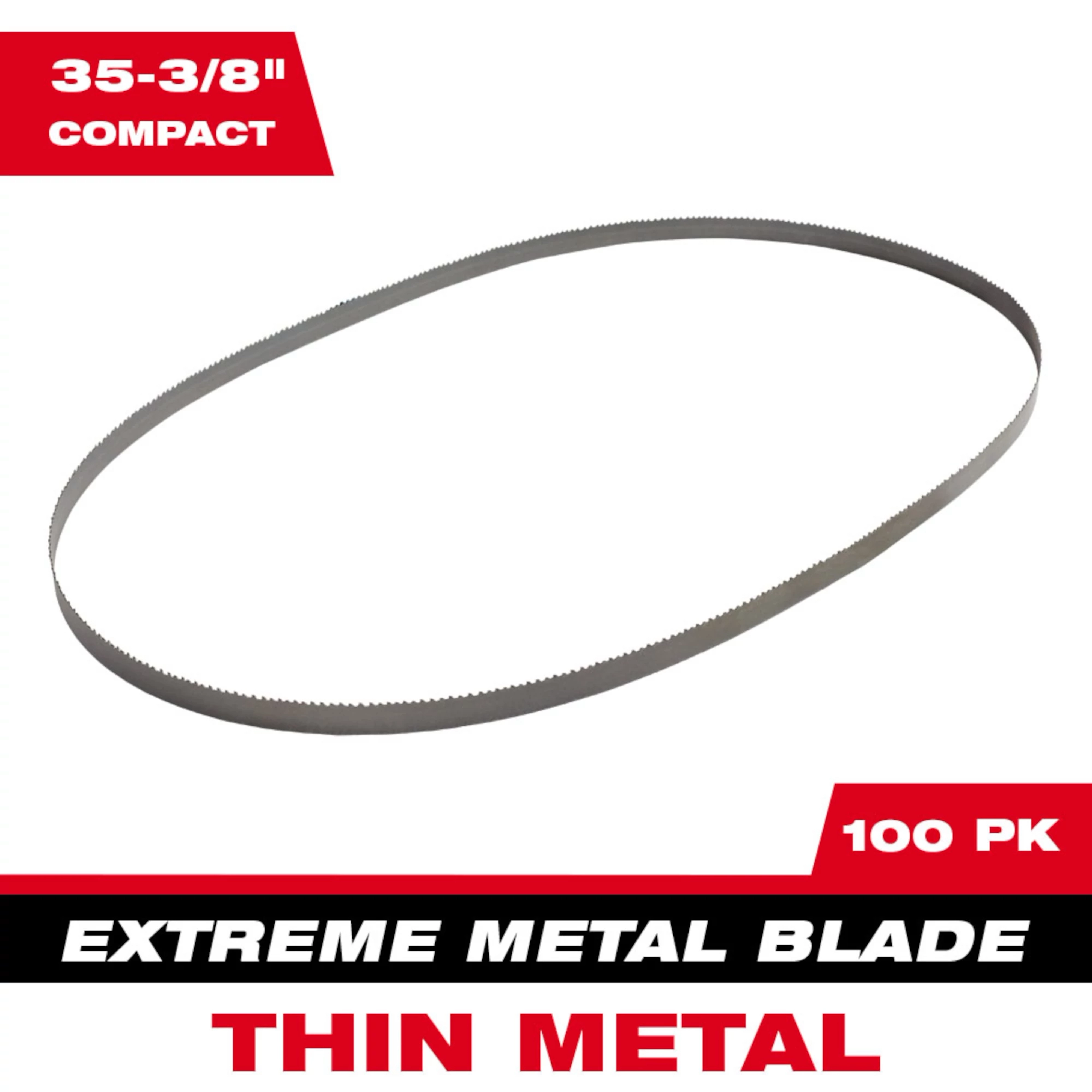 Band Saw Blade Main Image, 35-3/8" for thin metal, extreme metal blade, compact, 100 pack, displayed in an oval shape.