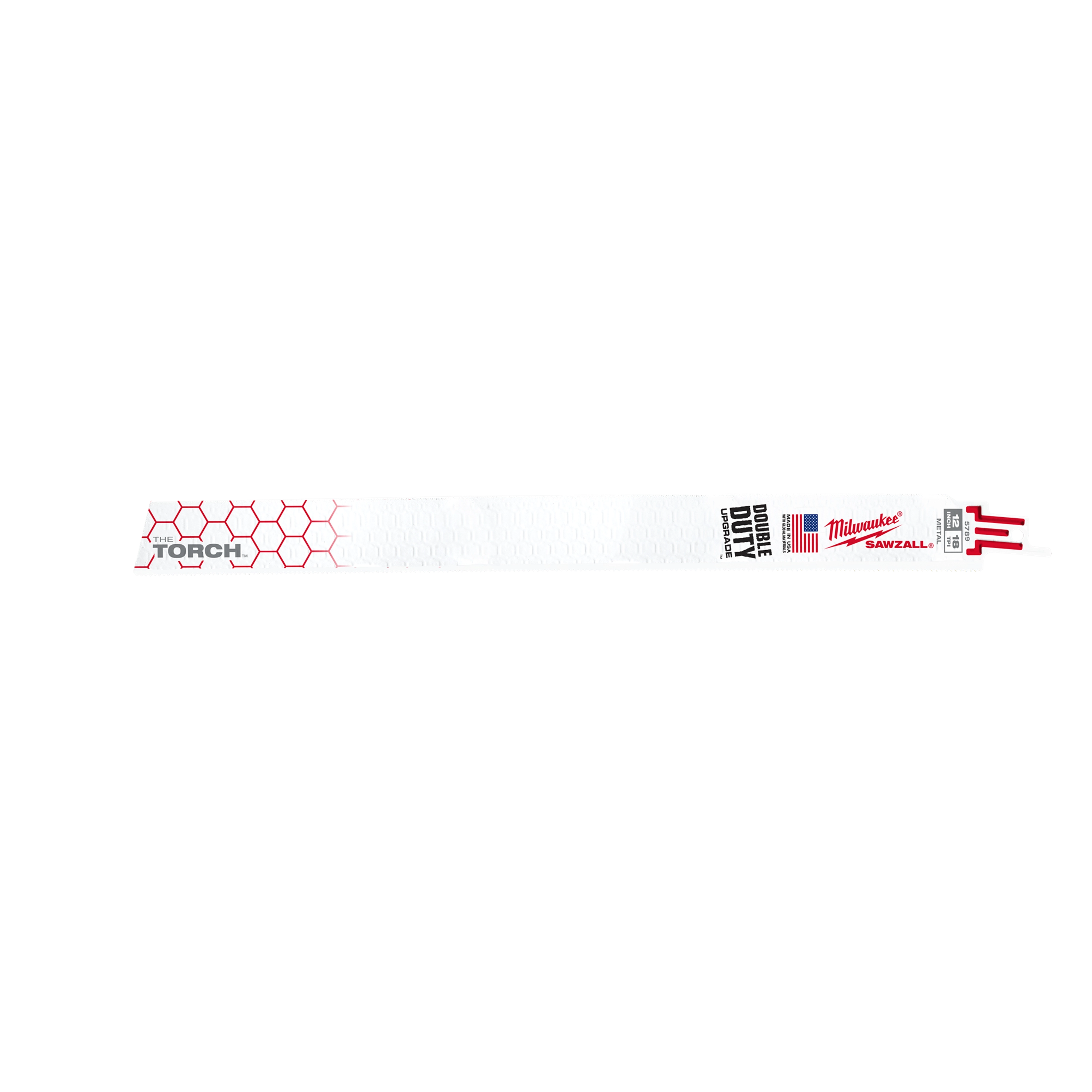 The product is The Torch, Sawzall Blades, 5 Pack. It is a white reciprocating saw blade with red hexagonal patterns and text indicating "Double Duty" and "Milwaukee Sawzall." The blade has a straight-edge design for heavy-duty cutting tasks.