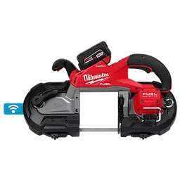 Image of an M18 FUEL™ Deep Cut Dual Trigger Band Saw w/ ONE-KEY™. The tool has a red and black handle with the Milwaukee logo, a rechargeable battery, and a large cutting area. A Wi-Fi symbol is shown beside it, indicating connectivity features.