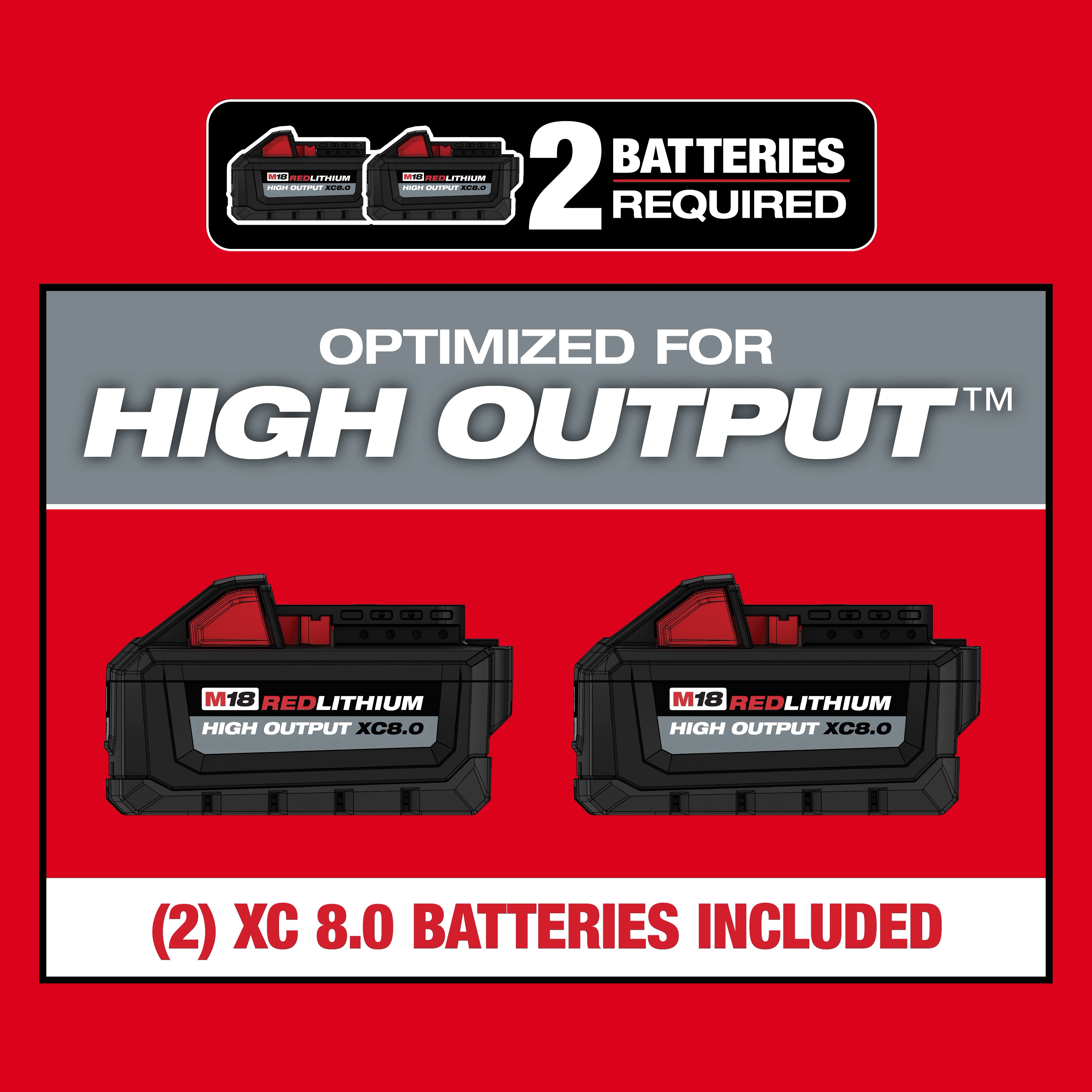 The M18 FUEL 17” Dual Battery String Trimmer requires two XC 8.0 batteries, which are included and optimized for high output.
