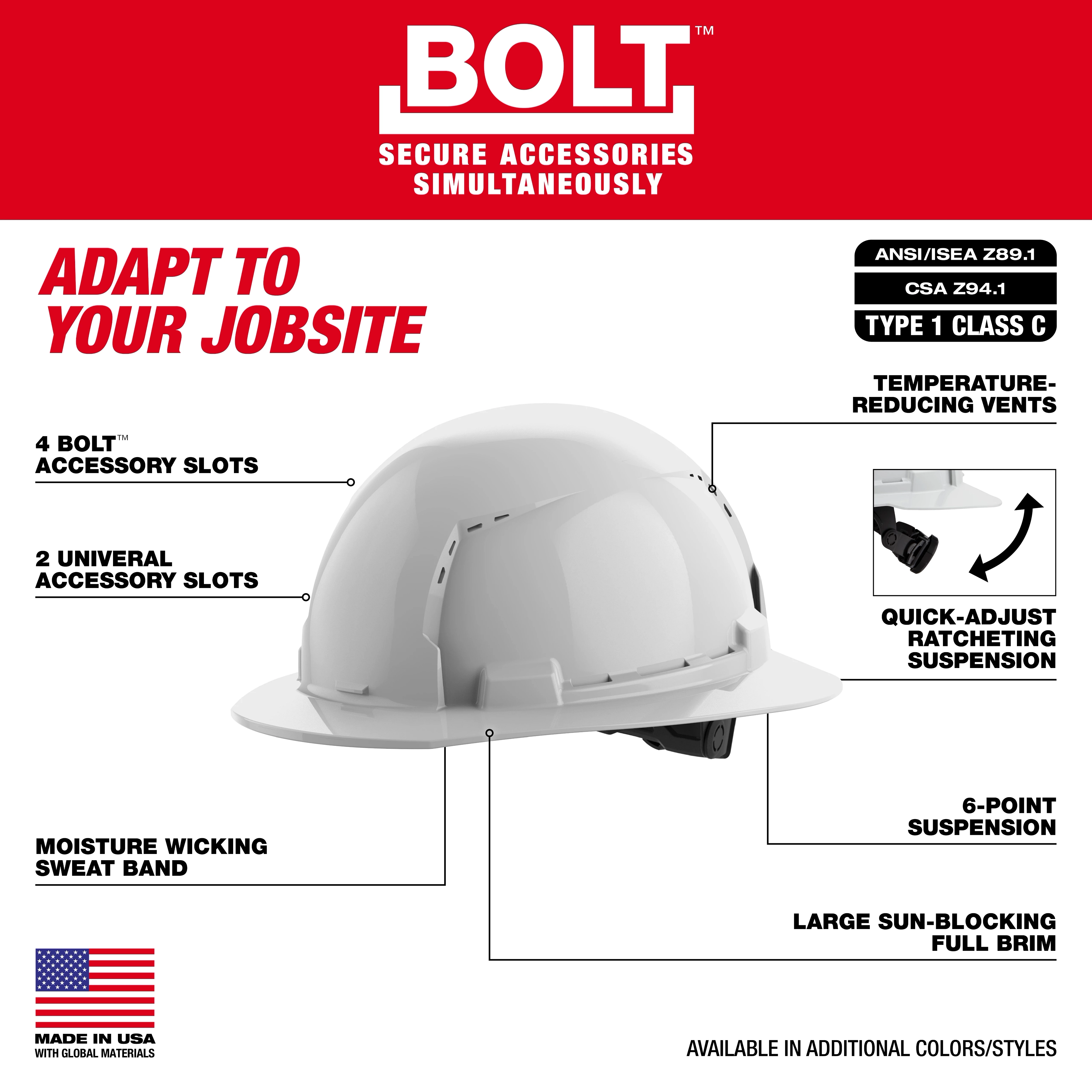 BOLT White Full Brim Vented Hard Hat with 6-point Ratcheting Suspension features four BOLT™ accessory slots, two universal accessory slots, a moisture-wicking sweatband, and temperature-reducing vents. It offers Class C, Type 1 protection and is made in the USA with global materials.