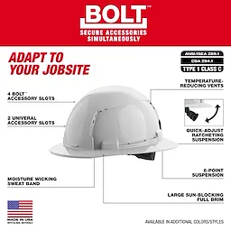 BOLT White Full Brim Vented Hard Hat with 6-point Ratcheting Suspension features four BOLT™ accessory slots, two universal accessory slots, a moisture-wicking sweatband, and temperature-reducing vents. It offers Class C, Type 1 protection and is made in the USA with global materials.