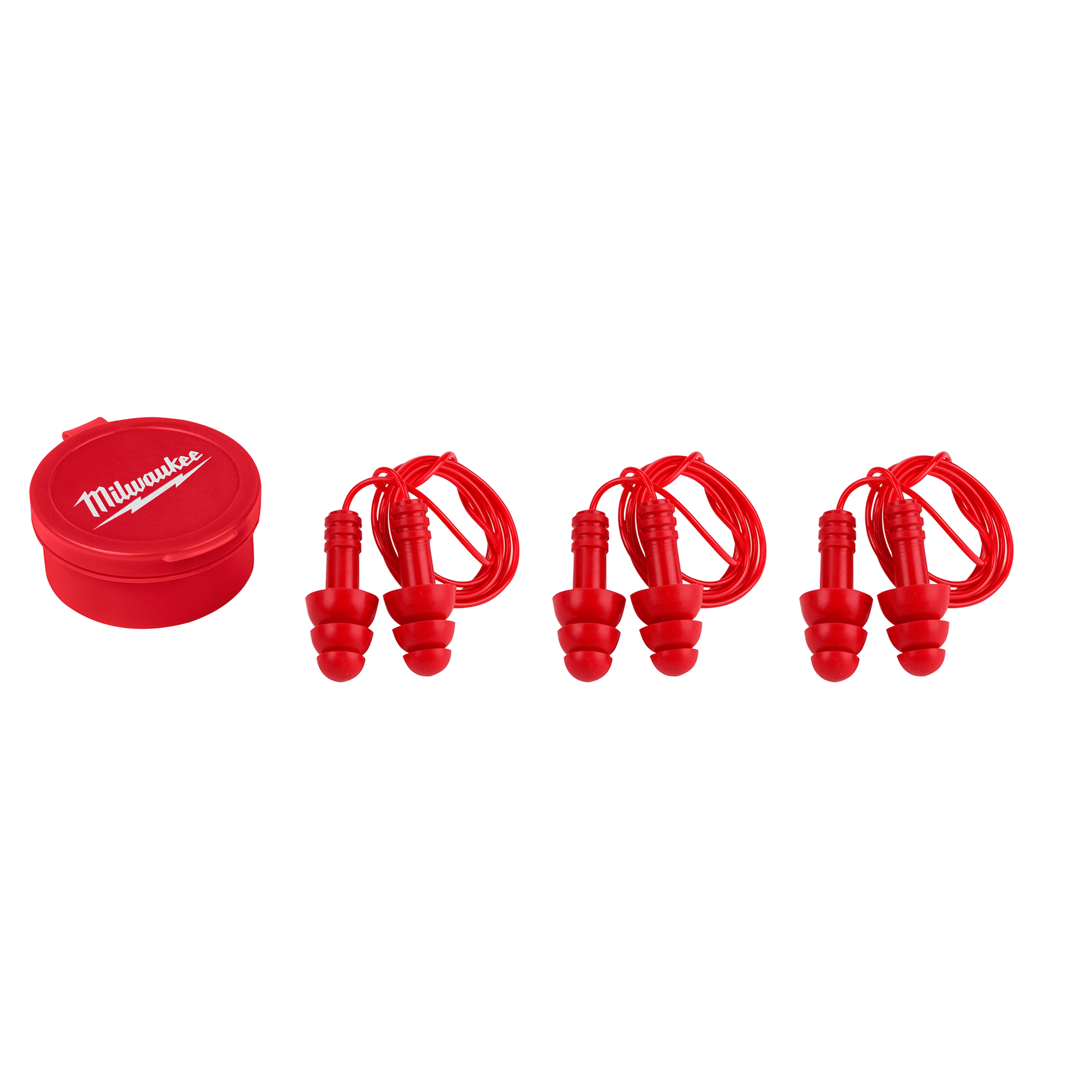 Four pairs of red Corded Ear Plugs with a red carrying case.