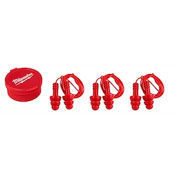 Four pairs of red Corded Ear Plugs with a red carrying case.