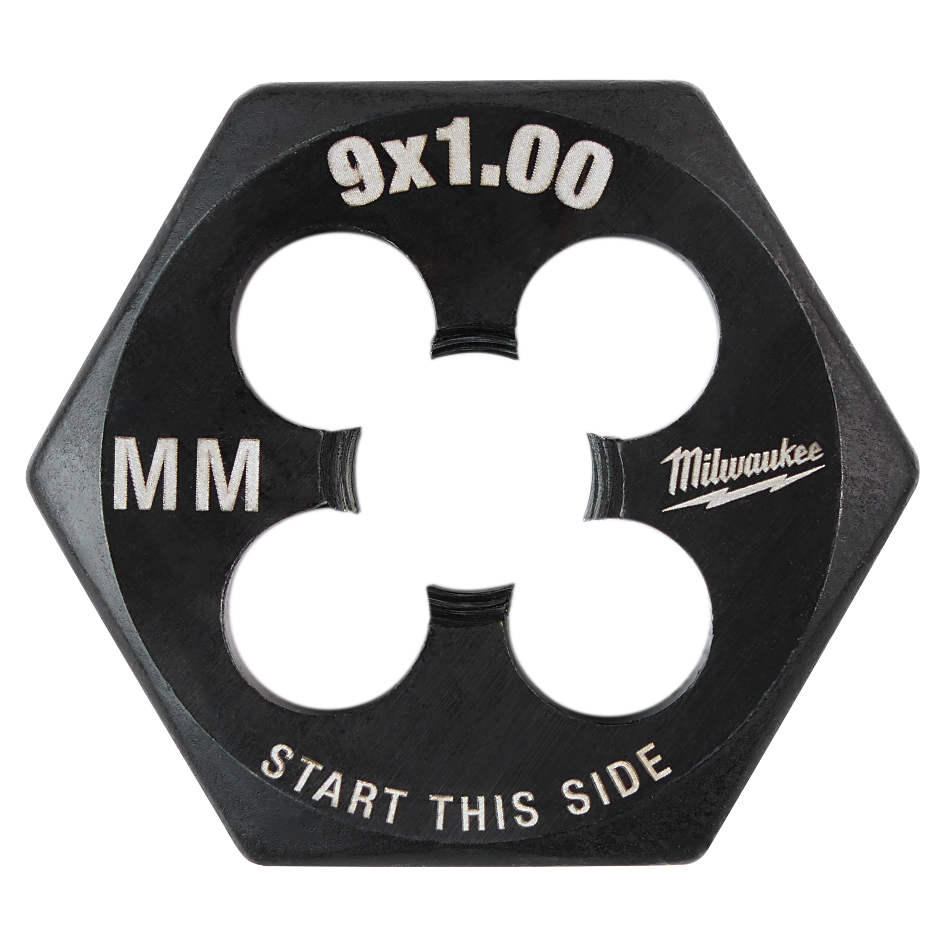 M9-1.00 20mm 1-Inch Hex Threading Die features a hexagonal shape with "9x1.00" and "MM" markings, and a "Start this side" label.
