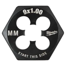 M9-1.00 20mm 1-Inch Hex Threading Die features a hexagonal shape with "9x1.00" and "MM" markings, and a "Start this side" label.