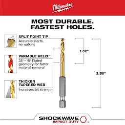The SHOCKWAVE 5/32 in. Titanium Drill Bit features a split point tip for accurate starts, a variable helix for faster material removal, and a thicker tapered web for increased strength. The bit measures 2.80 inches in length with 1.02 inches of flute length.