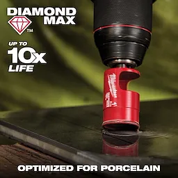 DIAMOND MAX USP drill bit cutting through porcelain tile with words "Up to 10x Life" and "Optimized for Porcelain" displayed around it.