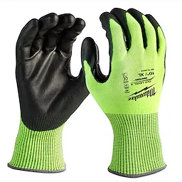 Hi Vis Cut Gloves feature a bright green back and black gripping surface, designed for high visibility and cut resistance. The gloves have a seamless knit construction, providing flexibility and comfort. They are marked with size and cut level information on the back.