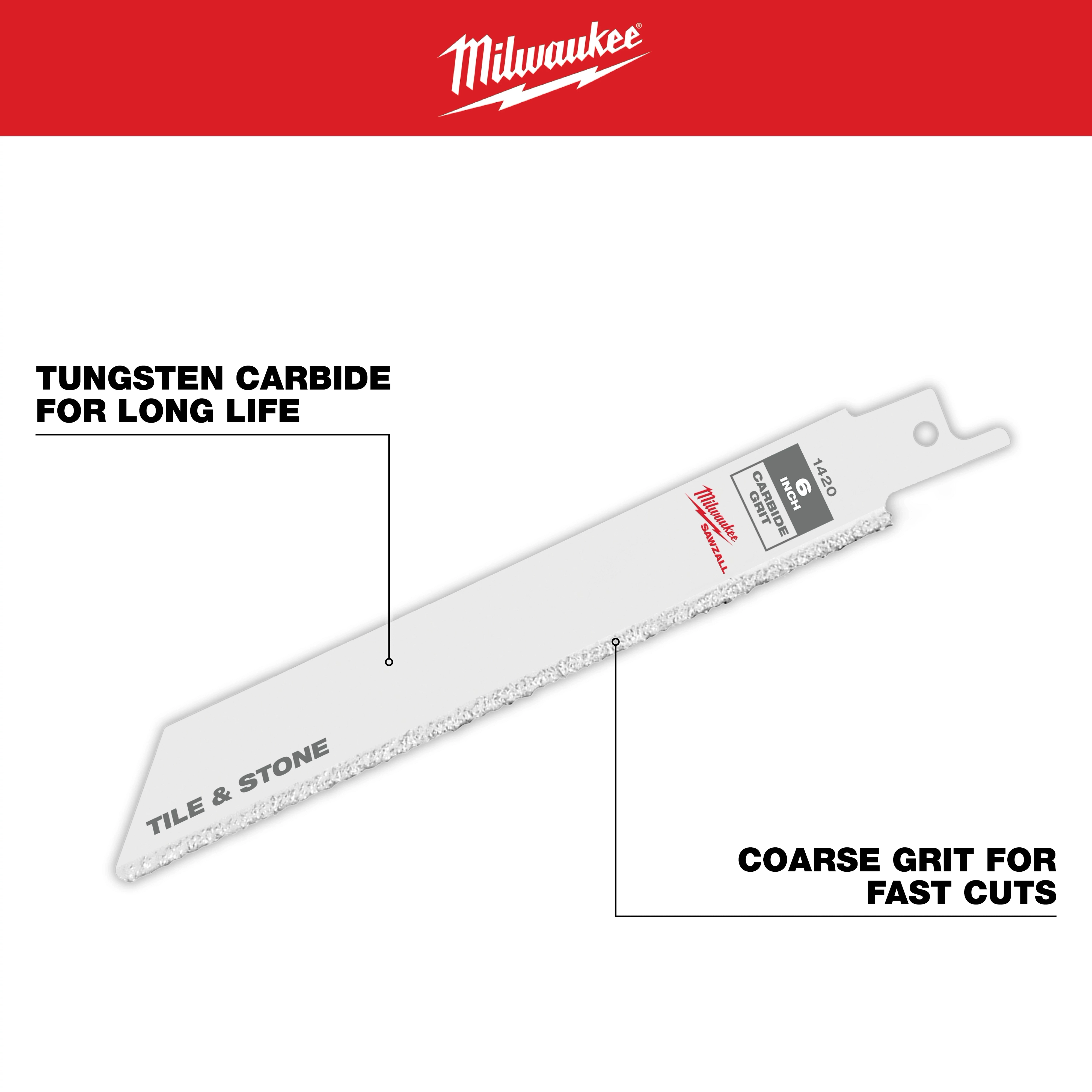 Milwaukee SAWZALL Carbide Grit Blade designed for cutting tile and stone. Features tungsten carbide and coarse grit for durability and fast cuts.