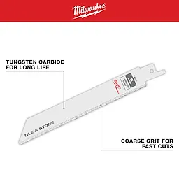 Milwaukee SAWZALL Carbide Grit Blade designed for cutting tile and stone. Features tungsten carbide and coarse grit for durability and fast cuts.