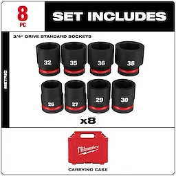 Milwaukee 3/4" Drive Standard Sockets Set includes eight metric sockets: sizes 26, 27, 29, 30, 32, 35, 36, and 38. The set also comes with a red carrying case.