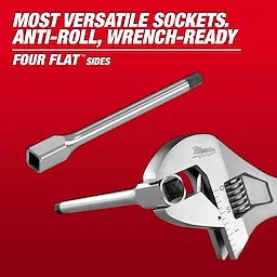 Long End Bit Socket with a silver finish featuring anti-roll design and four flat sides, shown with an adjustable wrench.