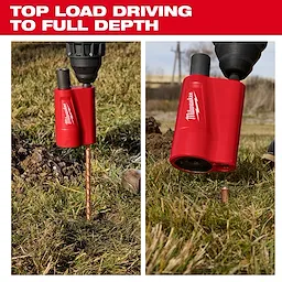 SDS Max Side Load Ground Rod Driver in use, driving a ground rod into the grass. Prominent red casing on the tool.