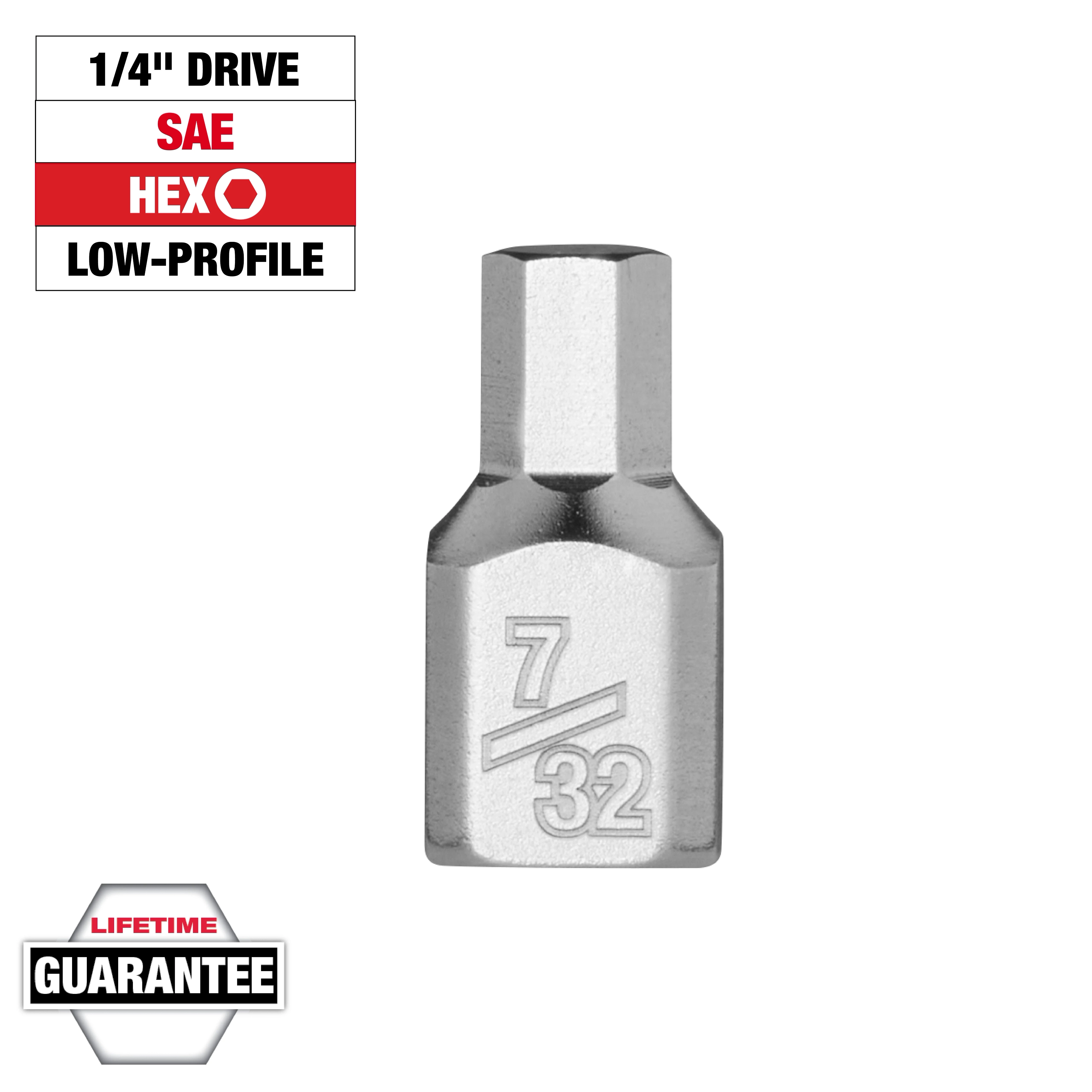 The image shows a 1/4" Drive 7/32" Low-Profile Hex Bit Socket with a lifetime guarantee. The socket features an SAE design.