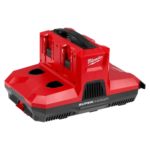 M18 & M12 Four Bay Simultaneous Super Charger with PACKOUT Compatibility, red and black, charges multiple batteries at once.