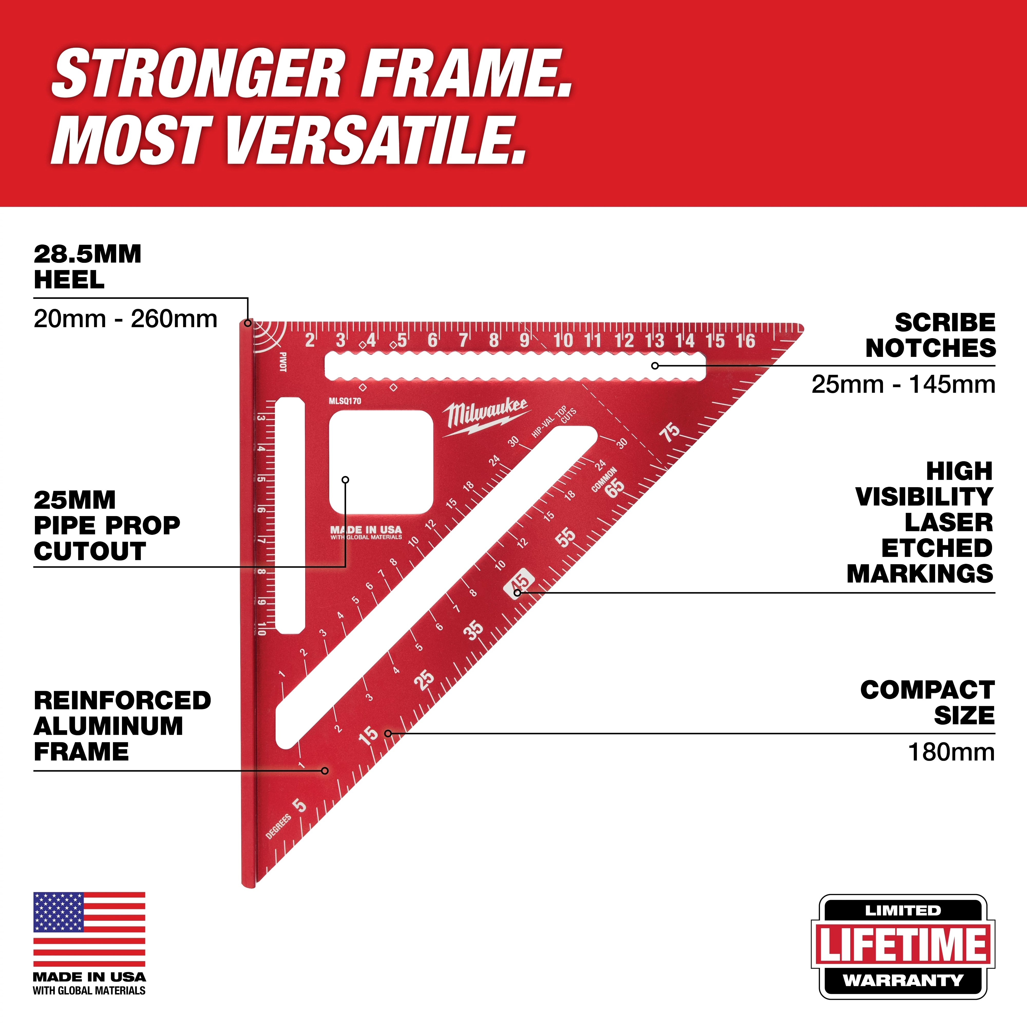Red 180mm Rafter Square with reinforced aluminum frame, high visibility laser-etched markings, and 25mm pipe prop cutout.