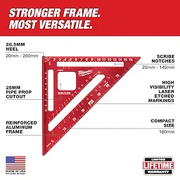 Red 180mm Rafter Square with reinforced aluminum frame, high visibility laser-etched markings, and 25mm pipe prop cutout.