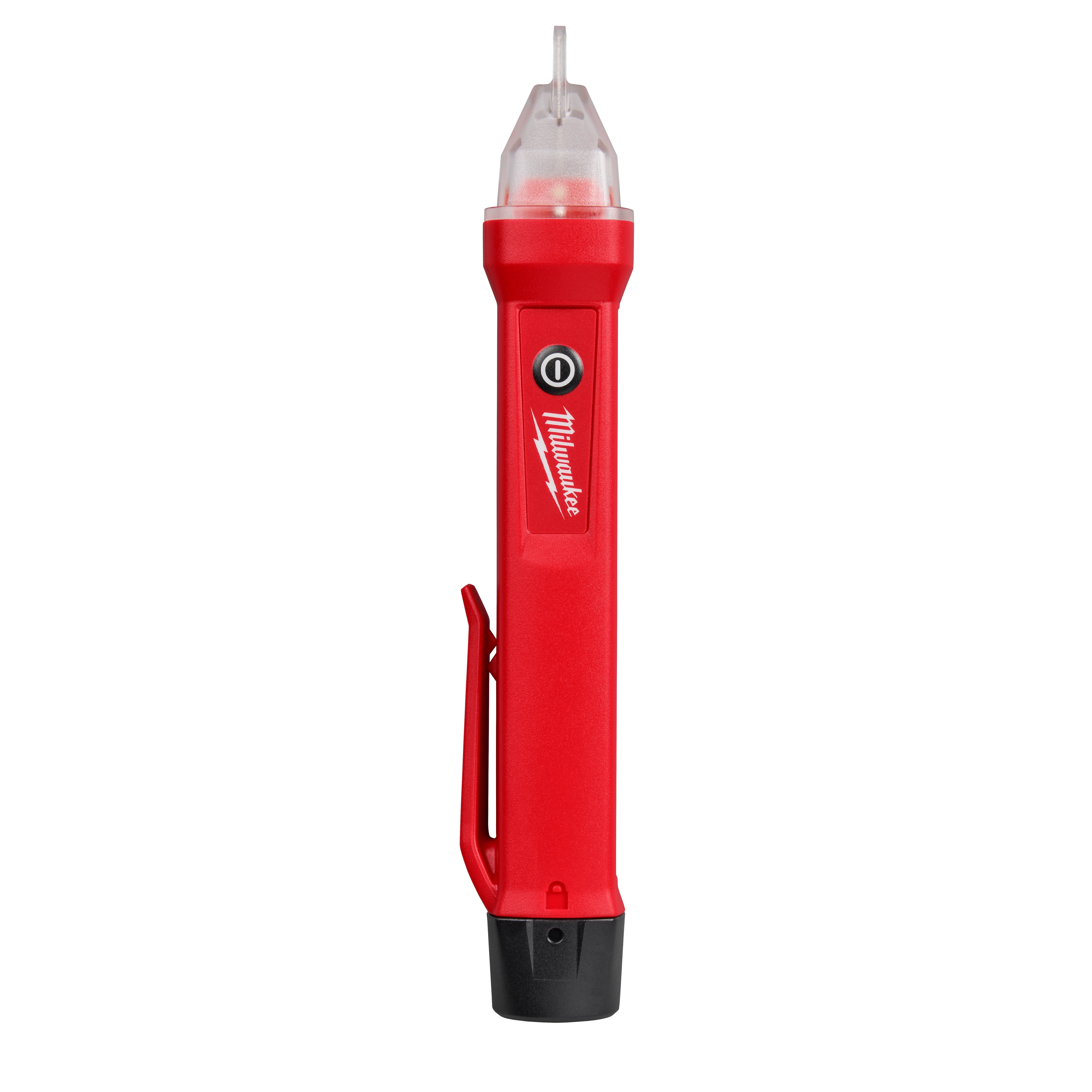 Milwaukee voltage detector pen in red with a clear cap, black clip and on/off button, designed for non-contact voltage detection.