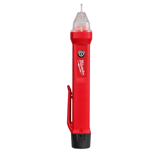 Milwaukee voltage detector pen in red with a clear cap, black clip and on/off button, designed for non-contact voltage detection.