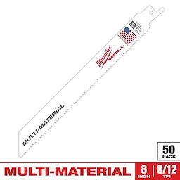 The Sawzall Bi-Metal Carbide blade is designed for sawing through multiple materials. It is 8 inches long with 8/12 TPI (teeth per inch). The blade is white, featuring a logo, American flag, and specifications in red and black text. It comes in a 50-pack.