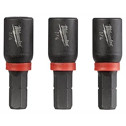 Three black Shockwave Magnetic Nut Driver bits with red bands, each labeled 1/4 inch, aligned side by side on a white background.