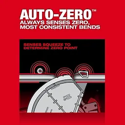 The image showcases the M18 FUEL™ BRANCH CONDUIT BENDER w/ AUTO-ZERO™, emphasizing its ability to sense the zero point for consistent bends. It features a detailed illustration of the product detecting the zero point with the text promoting its AUTO-ZERO™ technology for precise bending.