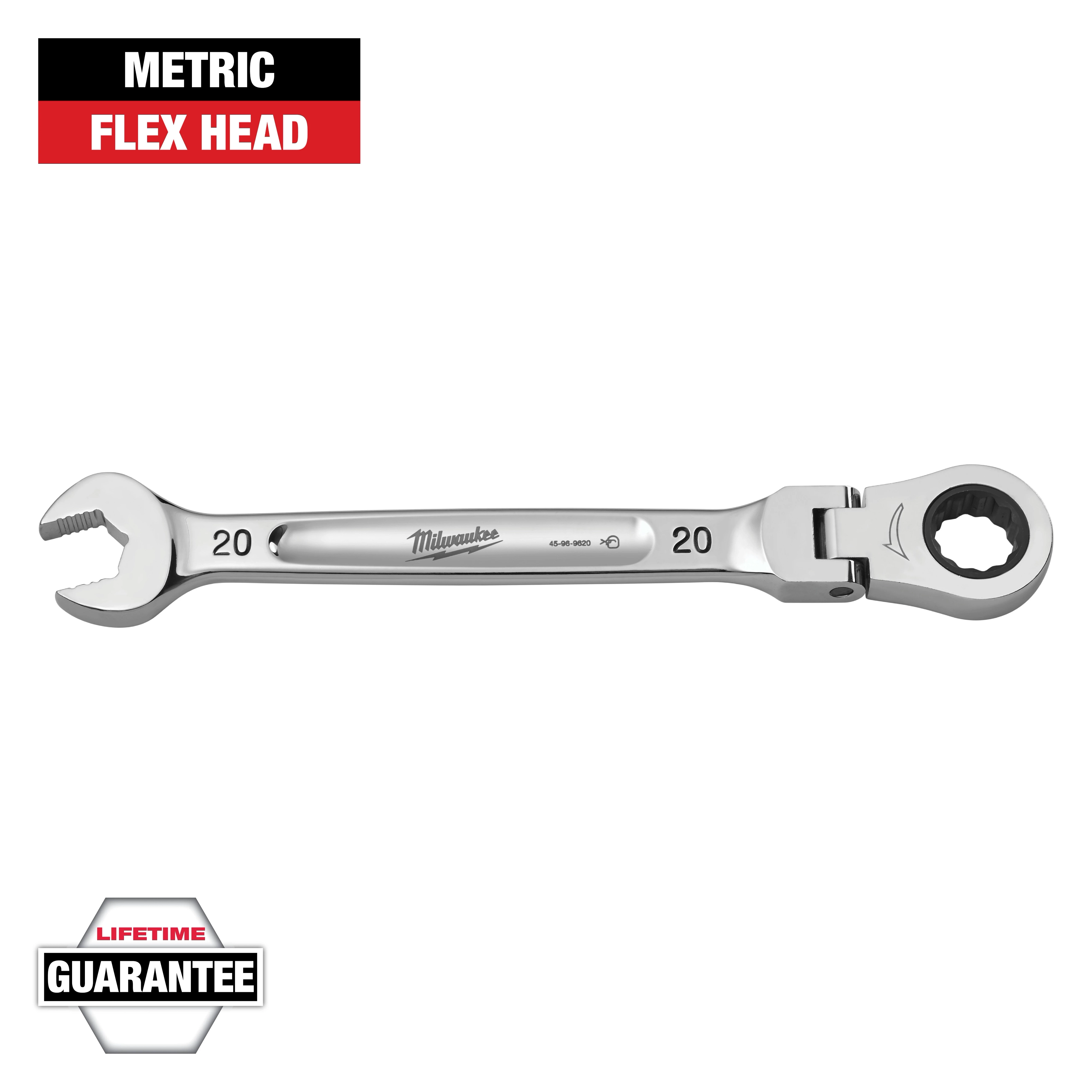 The image shows a Milwaukee brand 20 mm metric flex head wrench with an open end on one side and a ratcheting ring on the other. It comes with a lifetime guarantee. The text "METRIC" and "FLEX HEAD" appears in red and black at the top left.