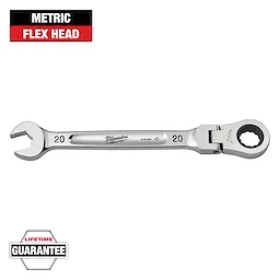 The image shows a Milwaukee brand 20 mm metric flex head wrench with an open end on one side and a ratcheting ring on the other. It comes with a lifetime guarantee. The text "METRIC" and "FLEX HEAD" appears in red and black at the top left.
