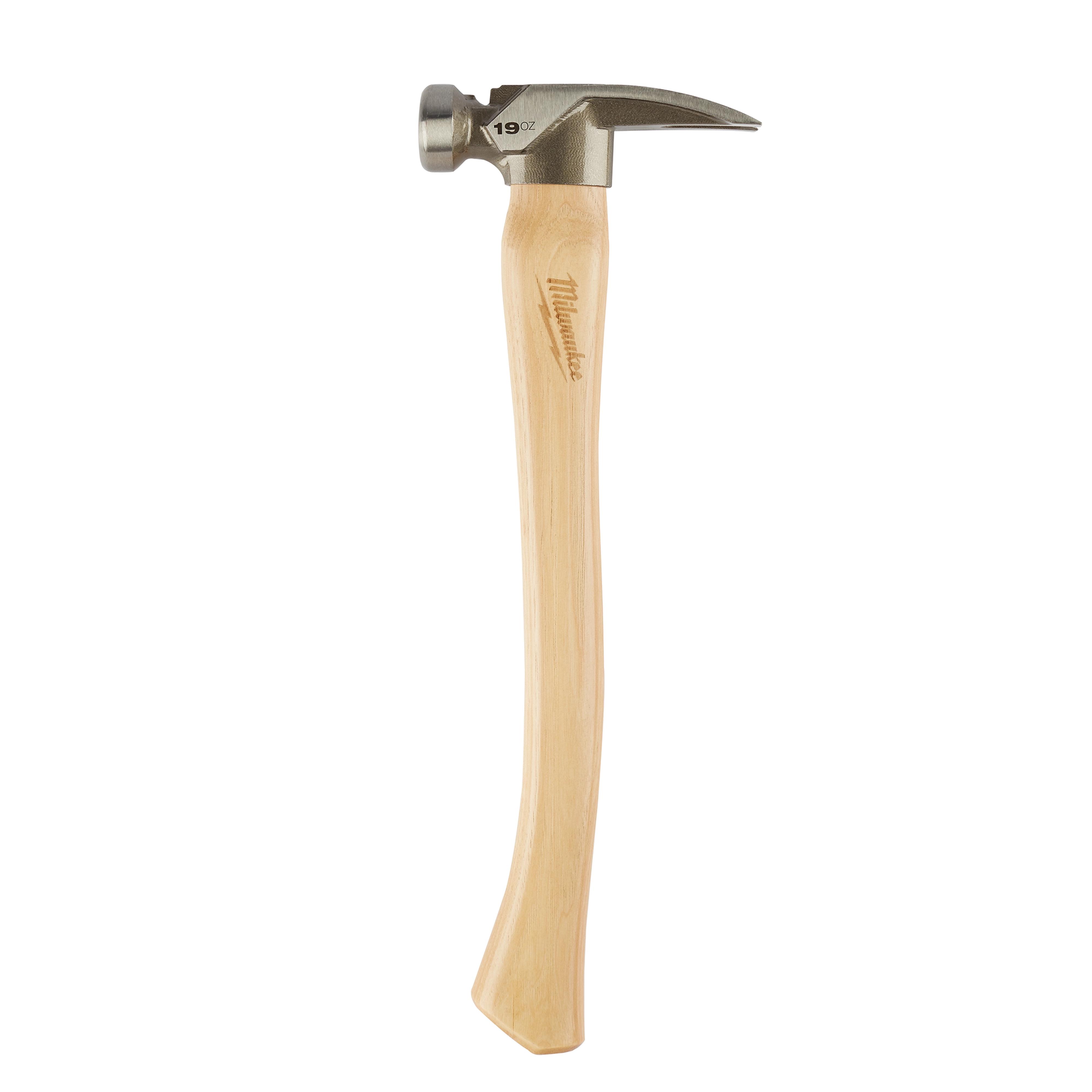 19oz Smooth Face Hickory Hammer with a wooden handle and metal head, featuring a curved claw for nail removal and a smooth striking surface.