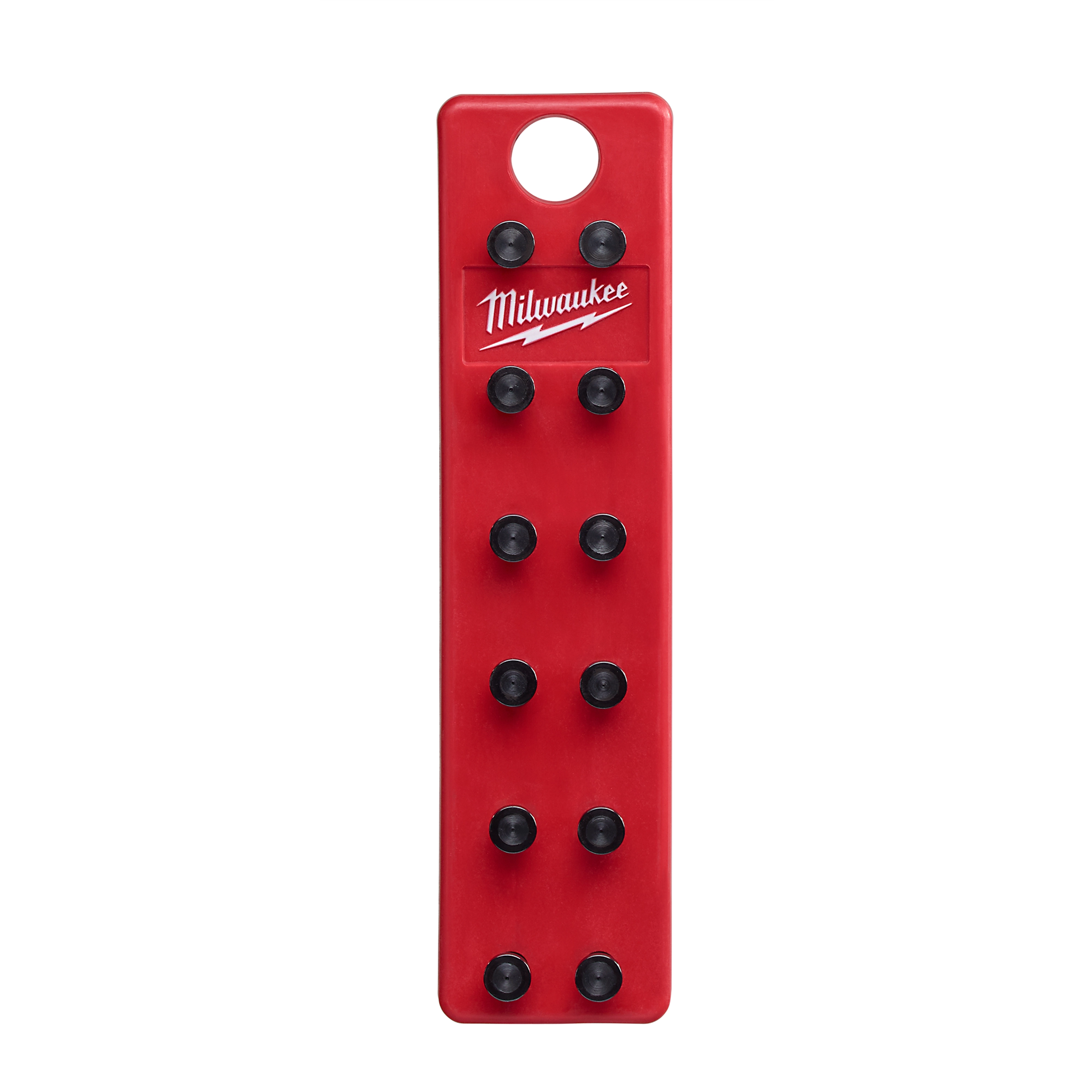 Milwaukee W Style Die Tree features a red rectangular board with a handle hole and ten black die holders arranged vertically.