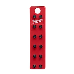 Milwaukee W Style Die Tree features a red rectangular board with a handle hole and ten black die holders arranged vertically.