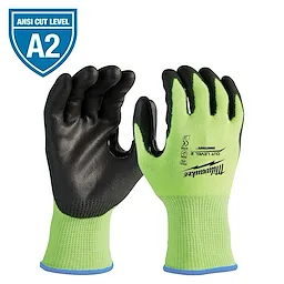 High Visibility Level 2 Cut Resistant Polyurethane Dipped Work Gloves in lime green with black palms and ANSI Cut Level A2 rating.