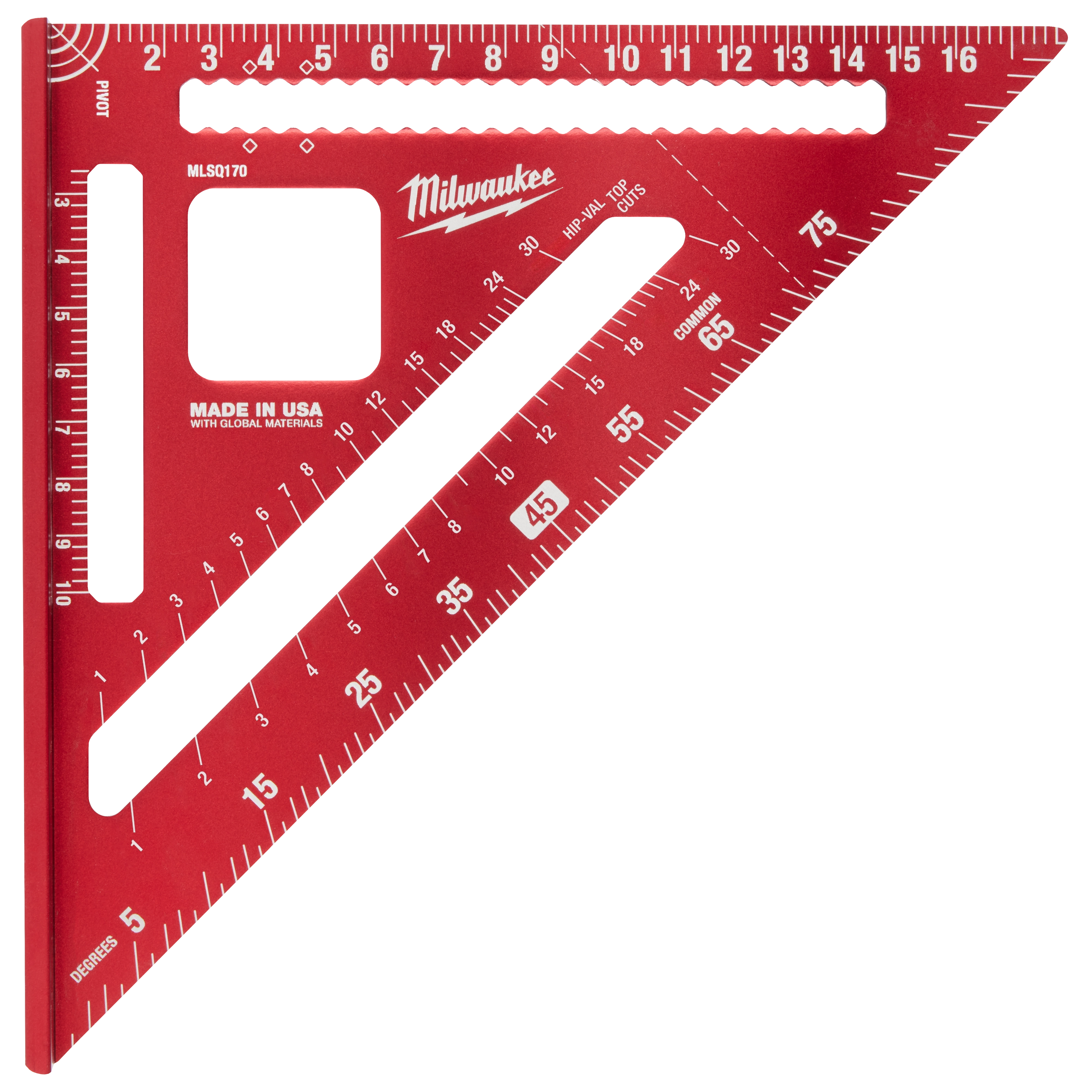 Red 180mm Rafter Square with white markings for measurements. The square has cut-out sections and various angle indicators.