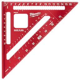 Red 180mm Rafter Square with white markings for measurements. The square has cut-out sections and various angle indicators.