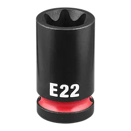 SHOCKWAVE Impact Duty 1/2" Drive E-Torx E22 Bit Socket standing upright with E22 marking and a red band near the base.